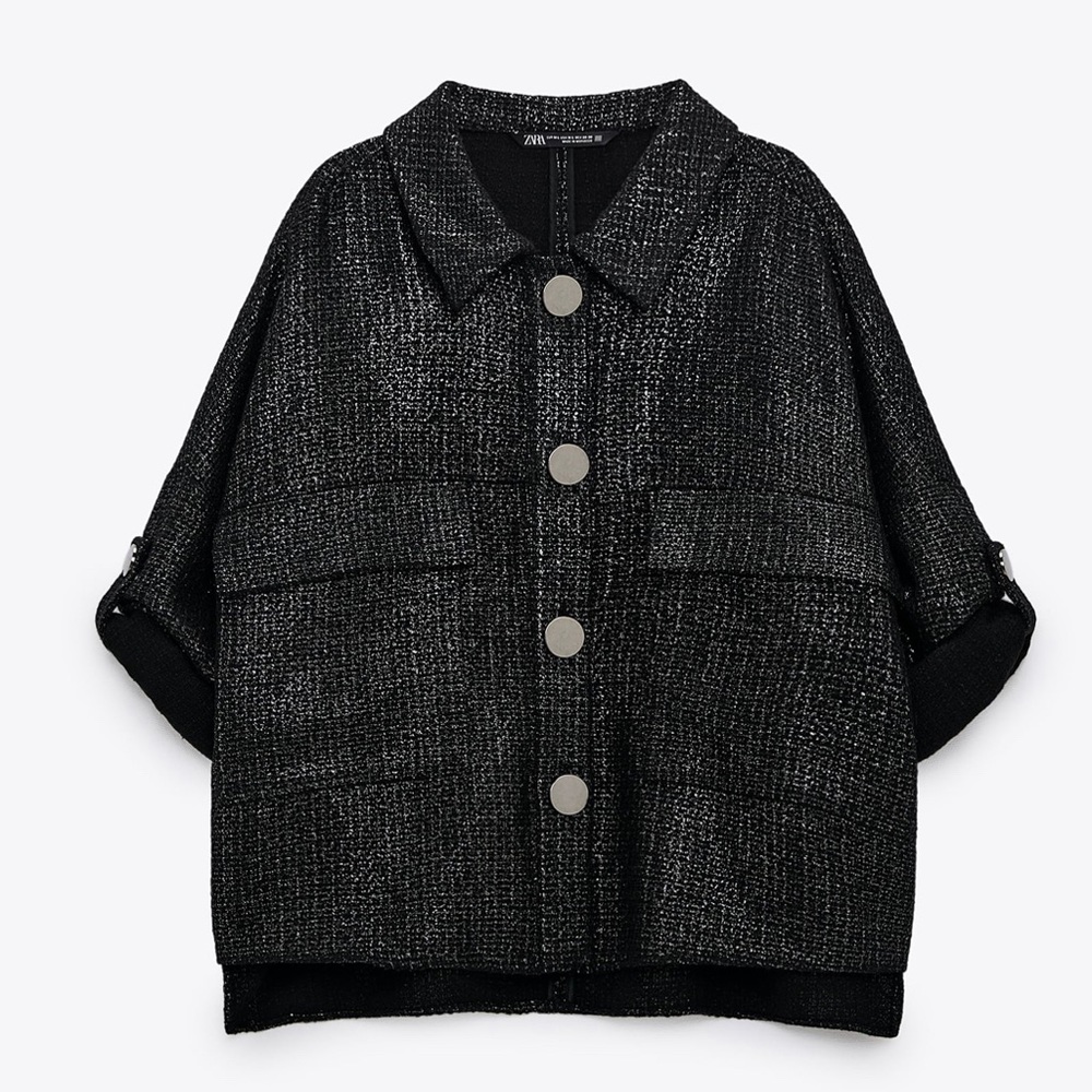 Zara Black Tweed Boxy Blazer Jacket with Silver Buttons